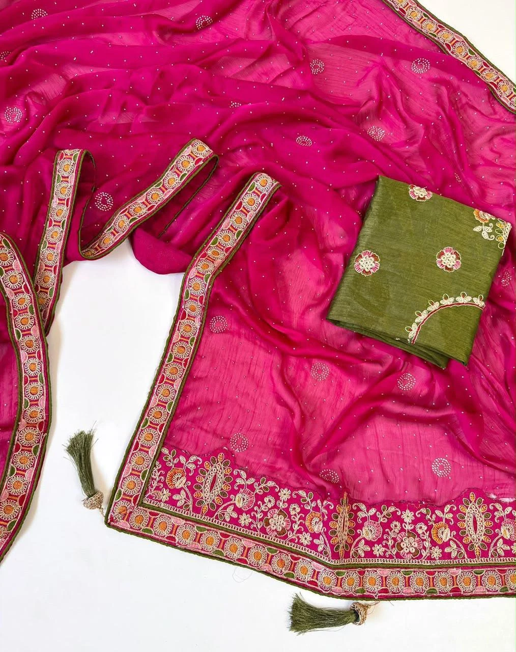 Vinayak Wholesale Satin Chiffon Saree With Multi Coding Embroidery And Diamond Work 9