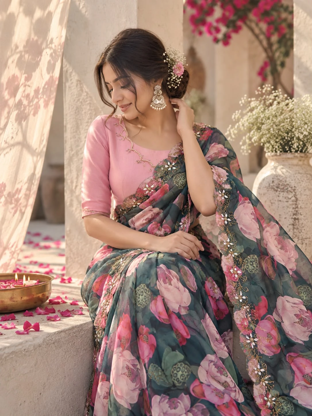 Vinayak Wholesale Soft Tebi Silk Digital Print Saree With Val Moti Handwork Border