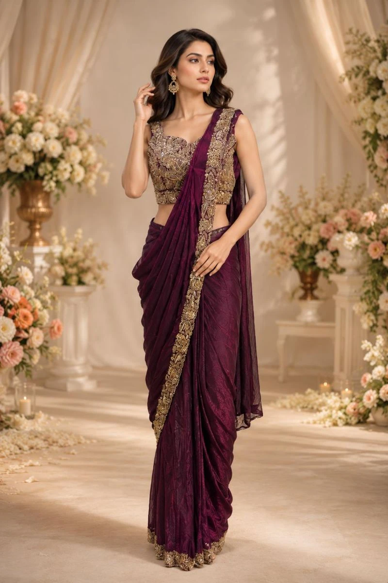 Amoha A 505 Fendy Satin Beads Work Ready To Wear Saree Collection 4