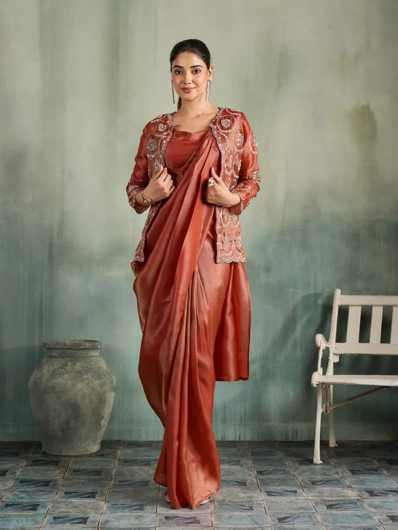 Amoha A 575 Shimmer Organza Hand Work Ready To Wear Saree Collection 1