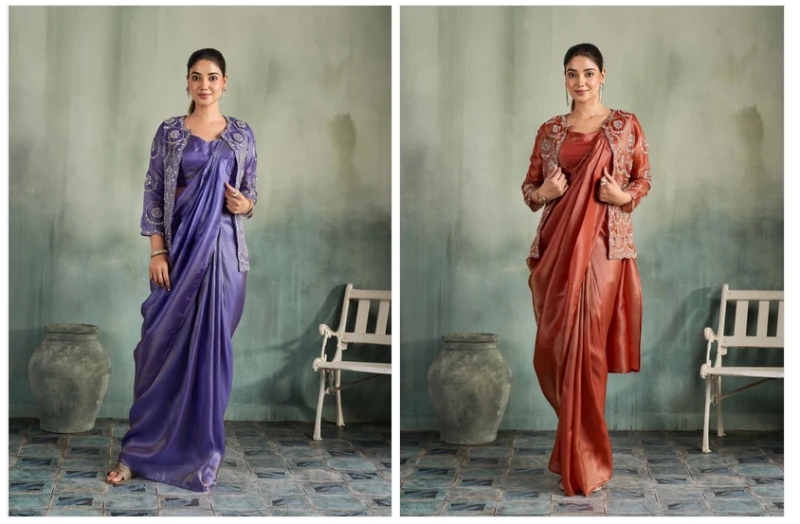 Amoha A 575 Shimmer Organza Hand Work Ready To Wear Saree Collection 4