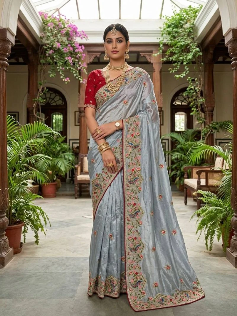 Bt 1319 Glass Satin Silk Thread Worked Saree Collection 1
