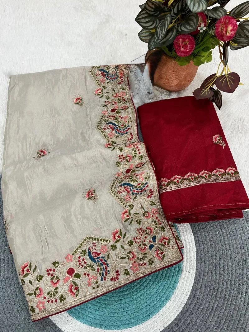 Bt 1319 Glass Satin Silk Thread Worked Saree Collection 2