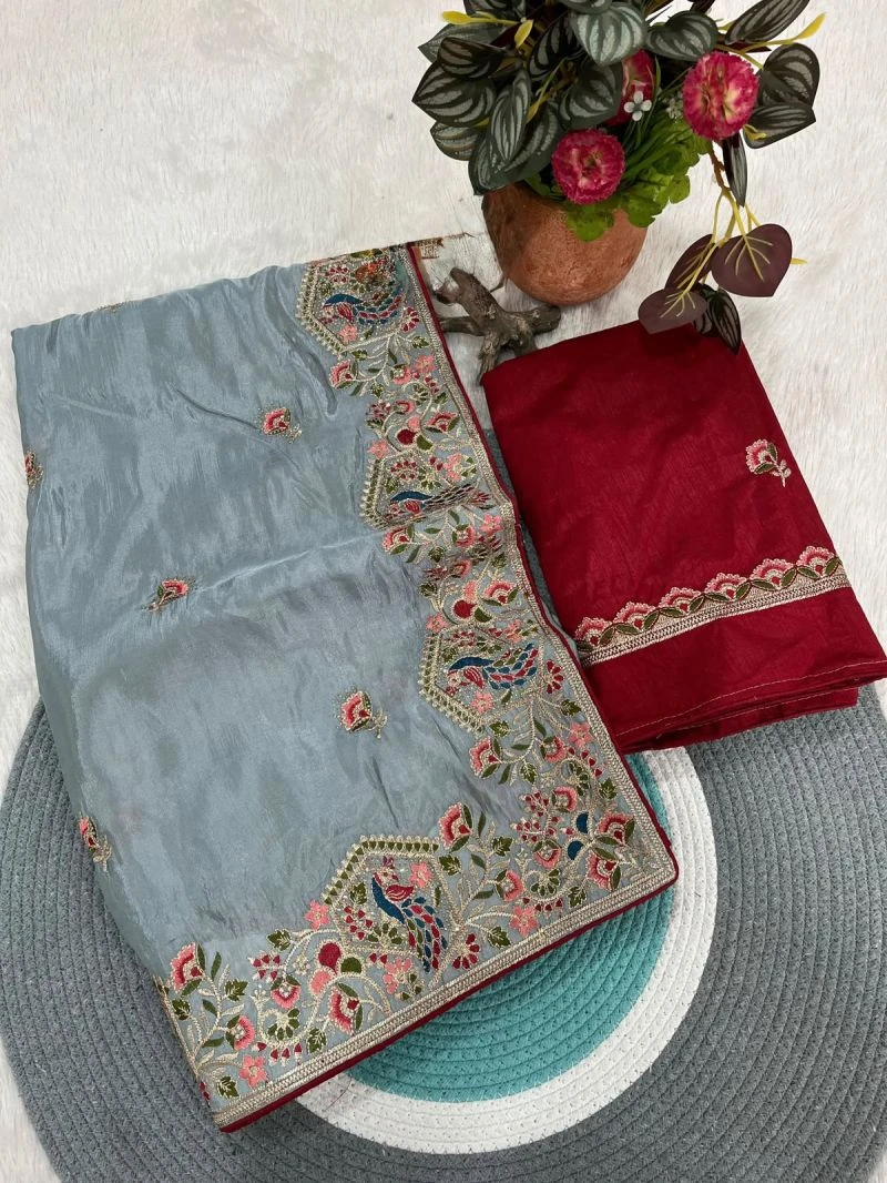 Bt 1319 Glass Satin Silk Thread Worked Saree Collection 3