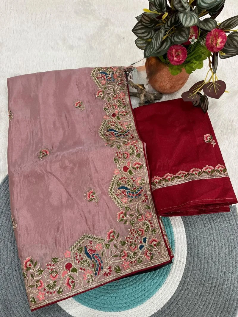 Bt 1319 Glass Satin Silk Thread Worked Saree Collection 4