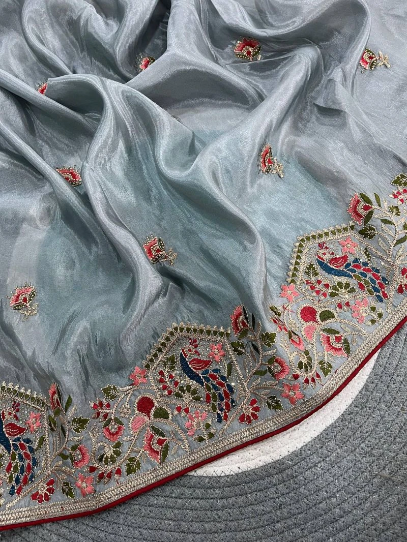 Bt 1319 Glass Satin Silk Thread Worked Saree Collection 5