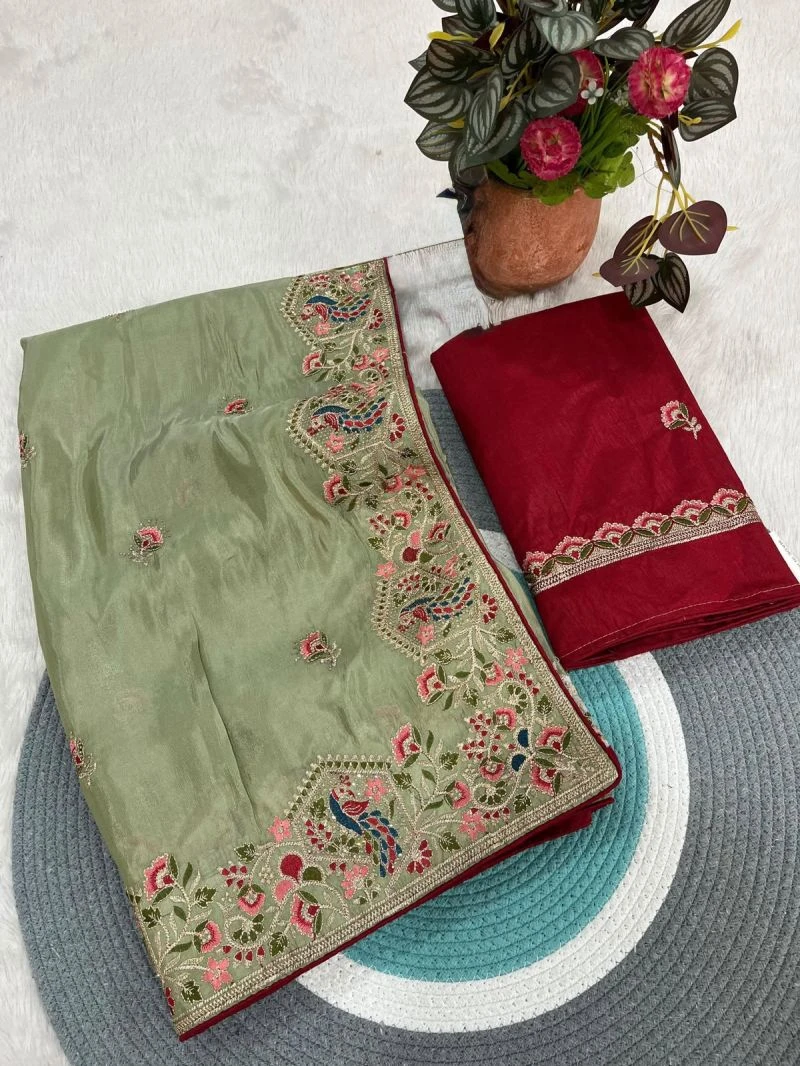 Bt 1319 Glass Satin Silk Thread Worked Saree Collection 9
