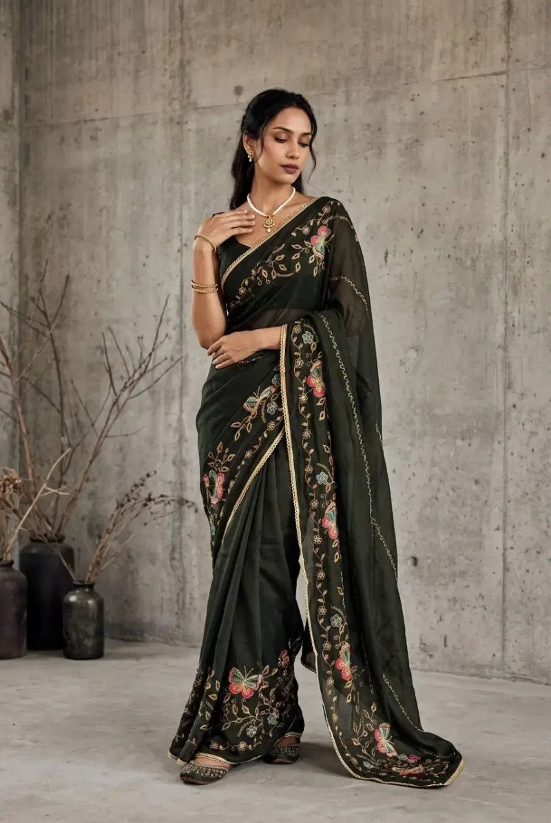 Bt 1320 Star Georgette Embroidery Worked Saree Collection