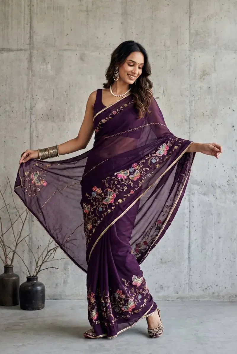 Bt 1320 Star Georgette Embroidery Worked Saree Collection 3