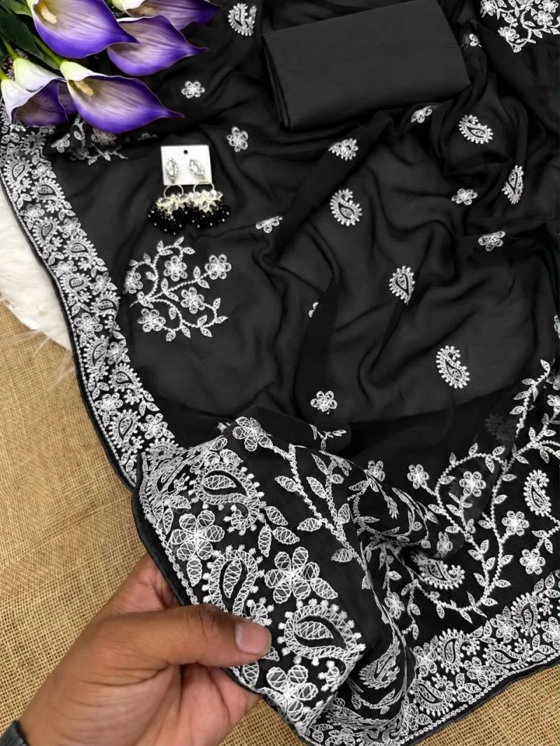 Gopi 1 Georgette Embroidery Chikankari Worked Saree Collection 4