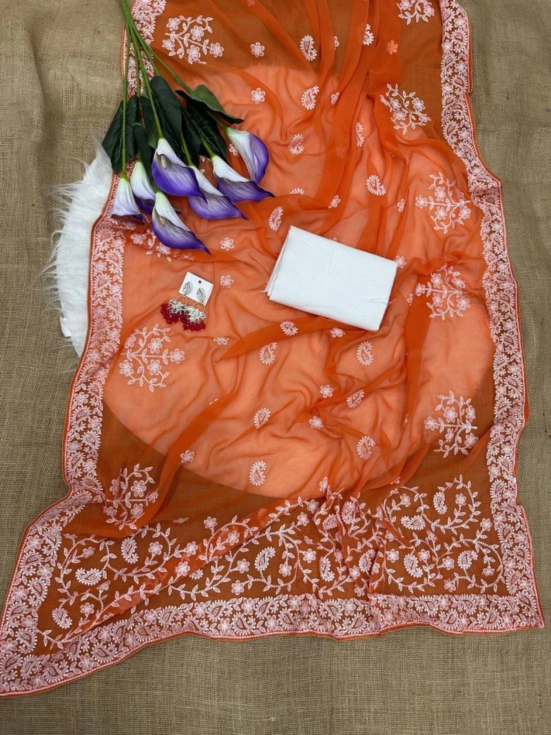 Gopi 1 Georgette Embroidery Chikankari Worked Saree Collection 6