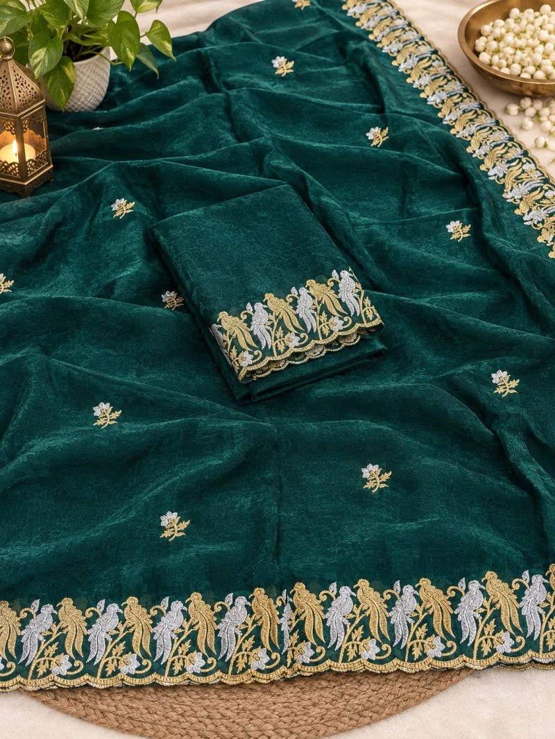 Happy Ah Fendy Satin Embroidery Saree Collection