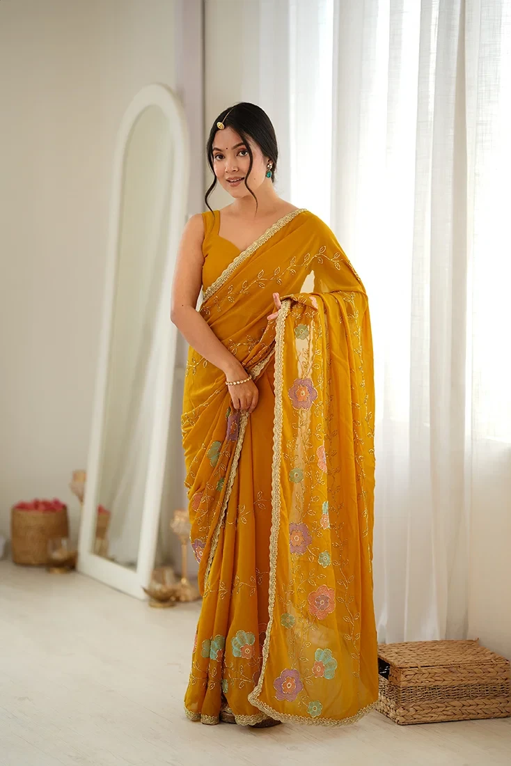 Jf 3833 Star Georgette Beads Embroidered Saree Collection 1