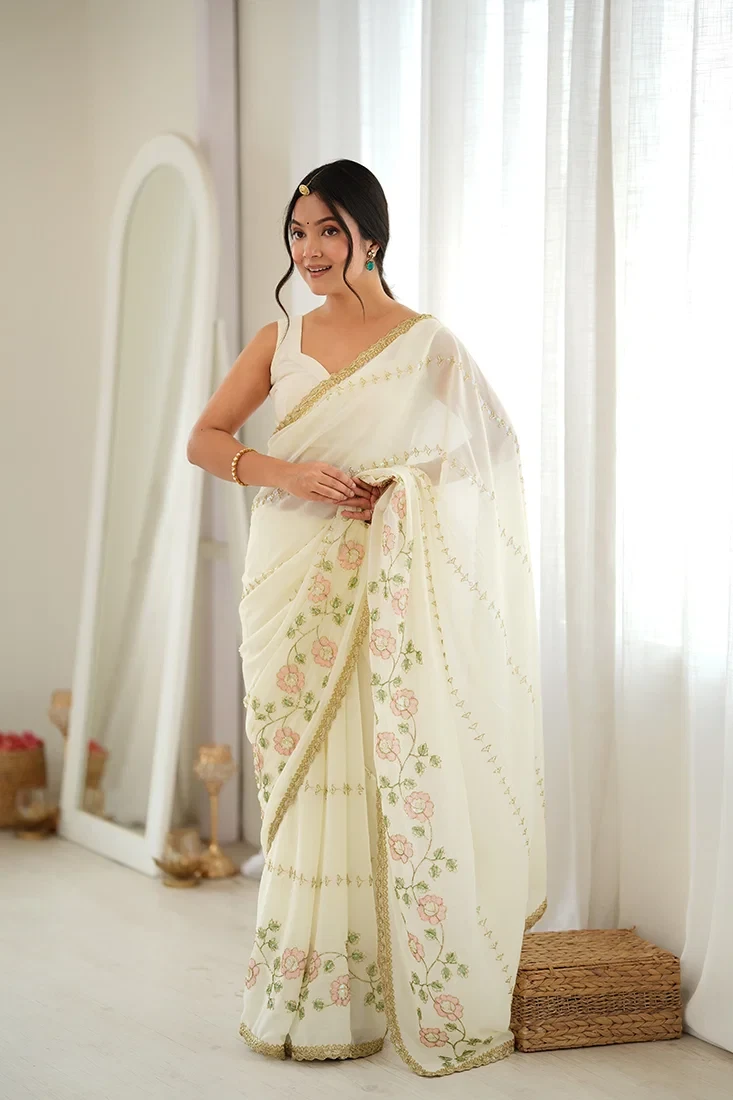 Jf 3833 Star Georgette Beads Embroidered Saree Collection 7