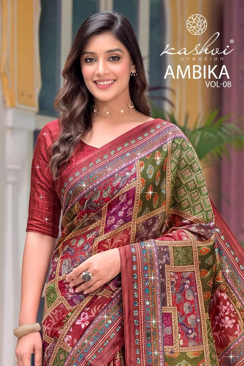 Kashvi Ambika Vol 8 Chocolate Digital Print Glass Work Saree Collection