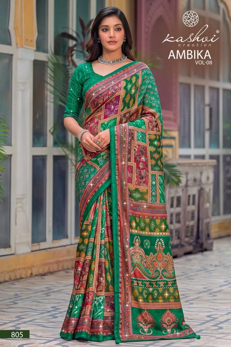 Kashvi Ambika Vol 8 Chocolate Digital Print Glass Work Saree Collection 2