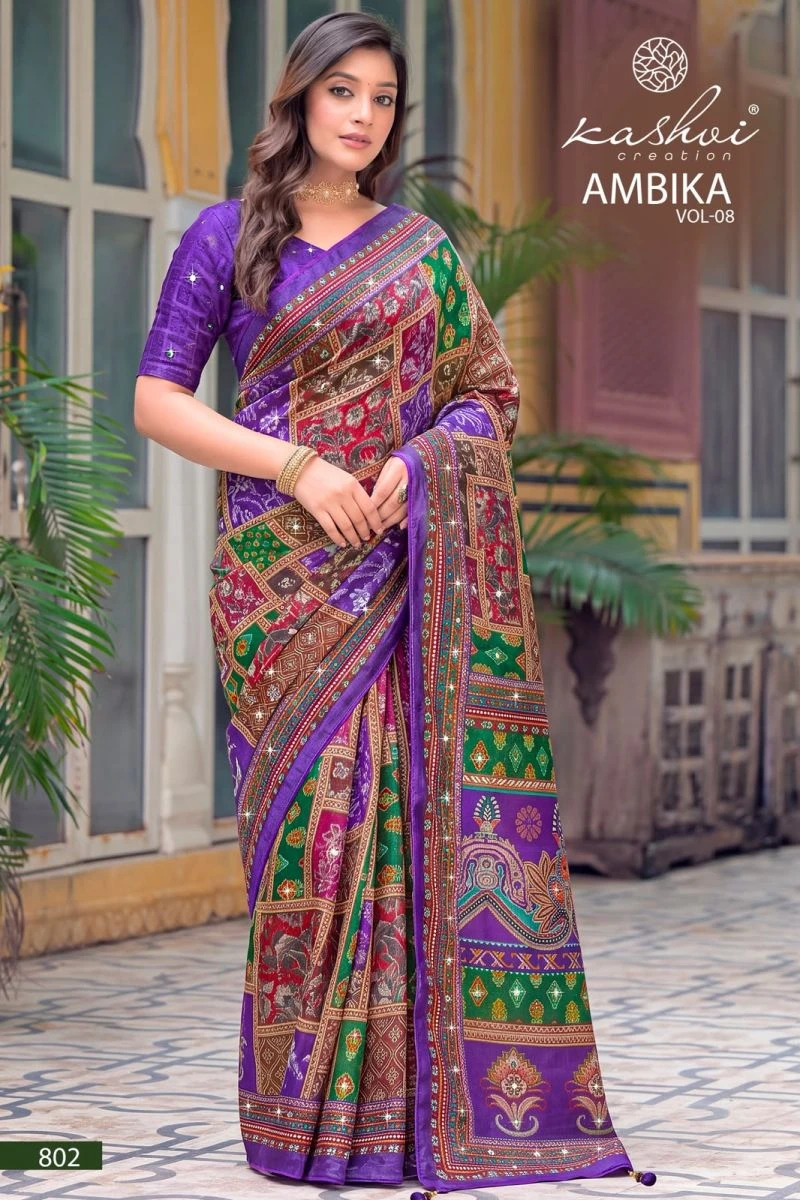 Kashvi Ambika Vol 8 Chocolate Digital Print Glass Work Saree Collection 3