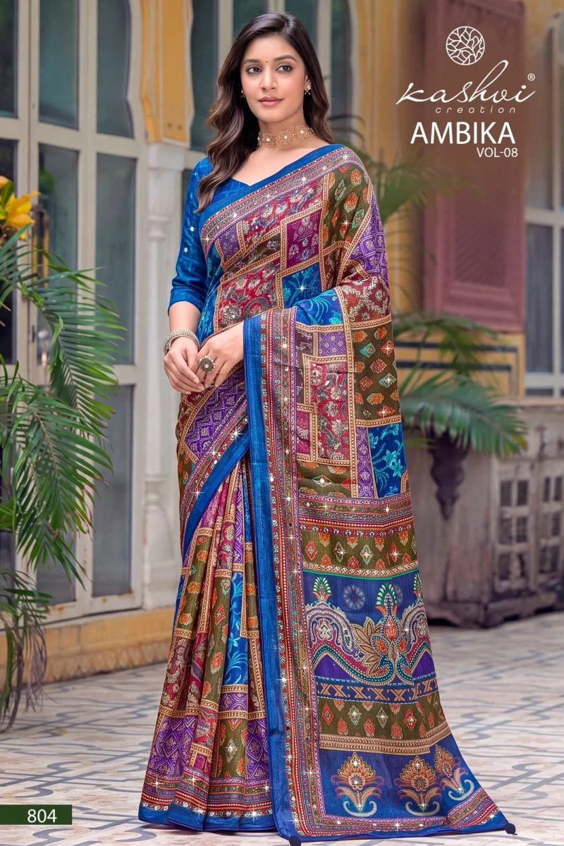 Kashvi Ambika Vol 8 Chocolate Digital Print Glass Work Saree Collection 4