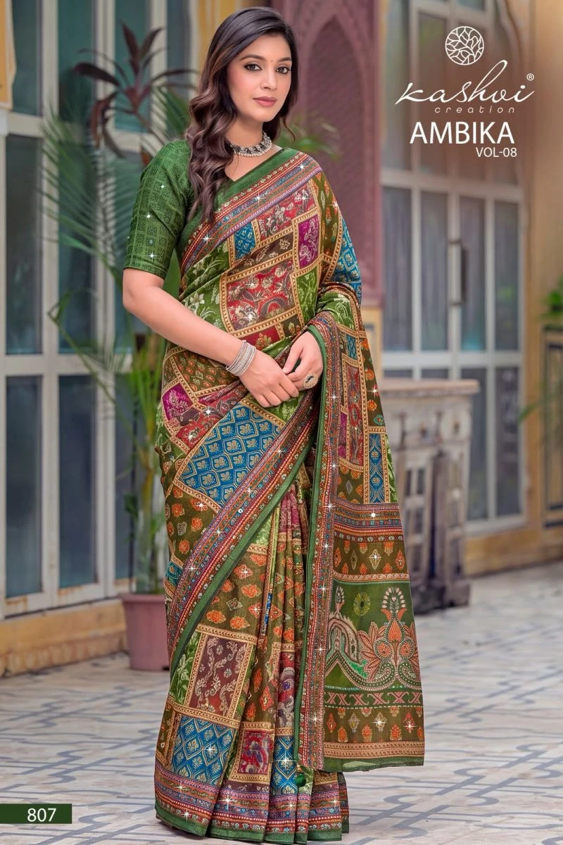 Kashvi Ambika Vol 8 Chocolate Digital Print Glass Work Saree Collection 5