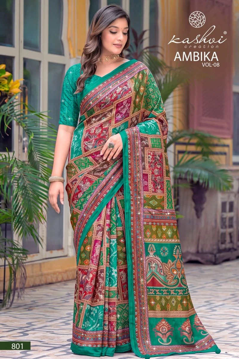 Kashvi Ambika Vol 8 Chocolate Digital Print Glass Work Saree Collection 6