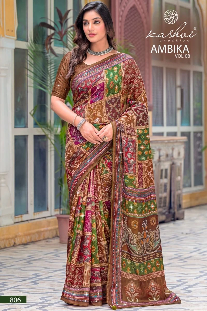Kashvi Ambika Vol 8 Chocolate Digital Print Glass Work Saree Collection 7