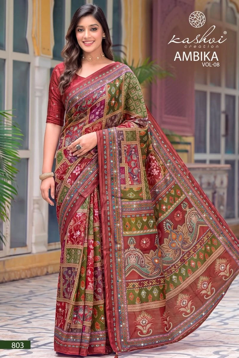 Kashvi Ambika Vol 8 Chocolate Digital Print Glass Work Saree Collection 8