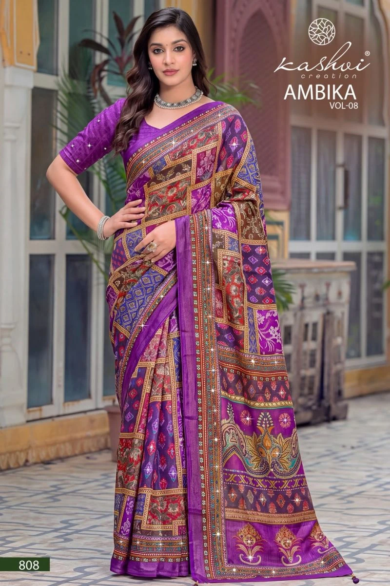Kashvi Ambika Vol 8 Chocolate Digital Print Glass Work Saree Collection 9