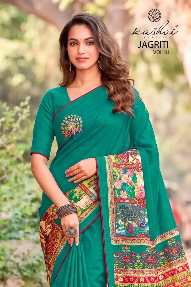 Kashvi Jagriti Vol 1 Dull Moss Foil Printed Saree Collection