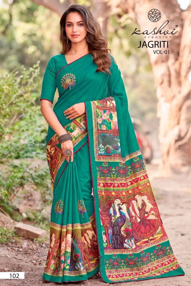 Kashvi Jagriti Vol 1 Dull Moss Foil Printed Saree Collection 5