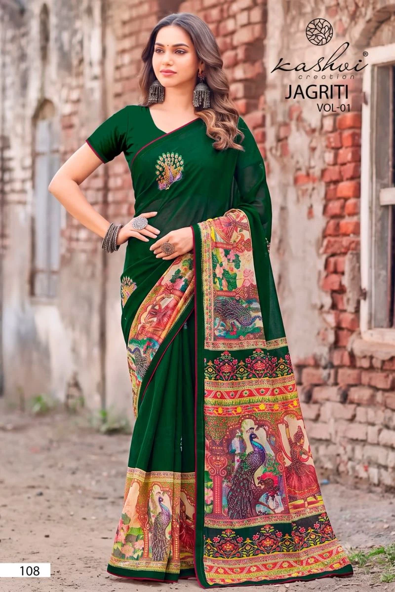 Kashvi Jagriti Vol 1 Dull Moss Foil Printed Saree Collection 6