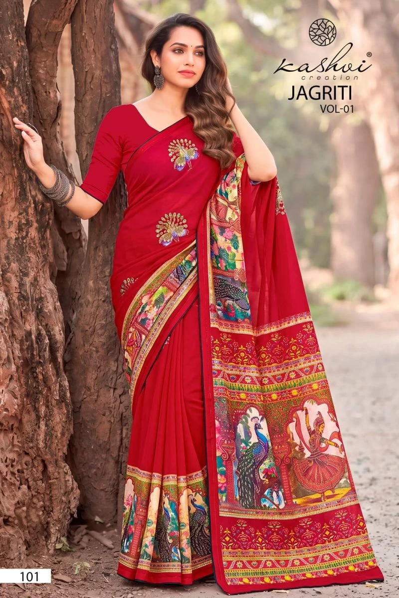 Kashvi Jagriti Vol 1 Dull Moss Foil Printed Saree Collection 7