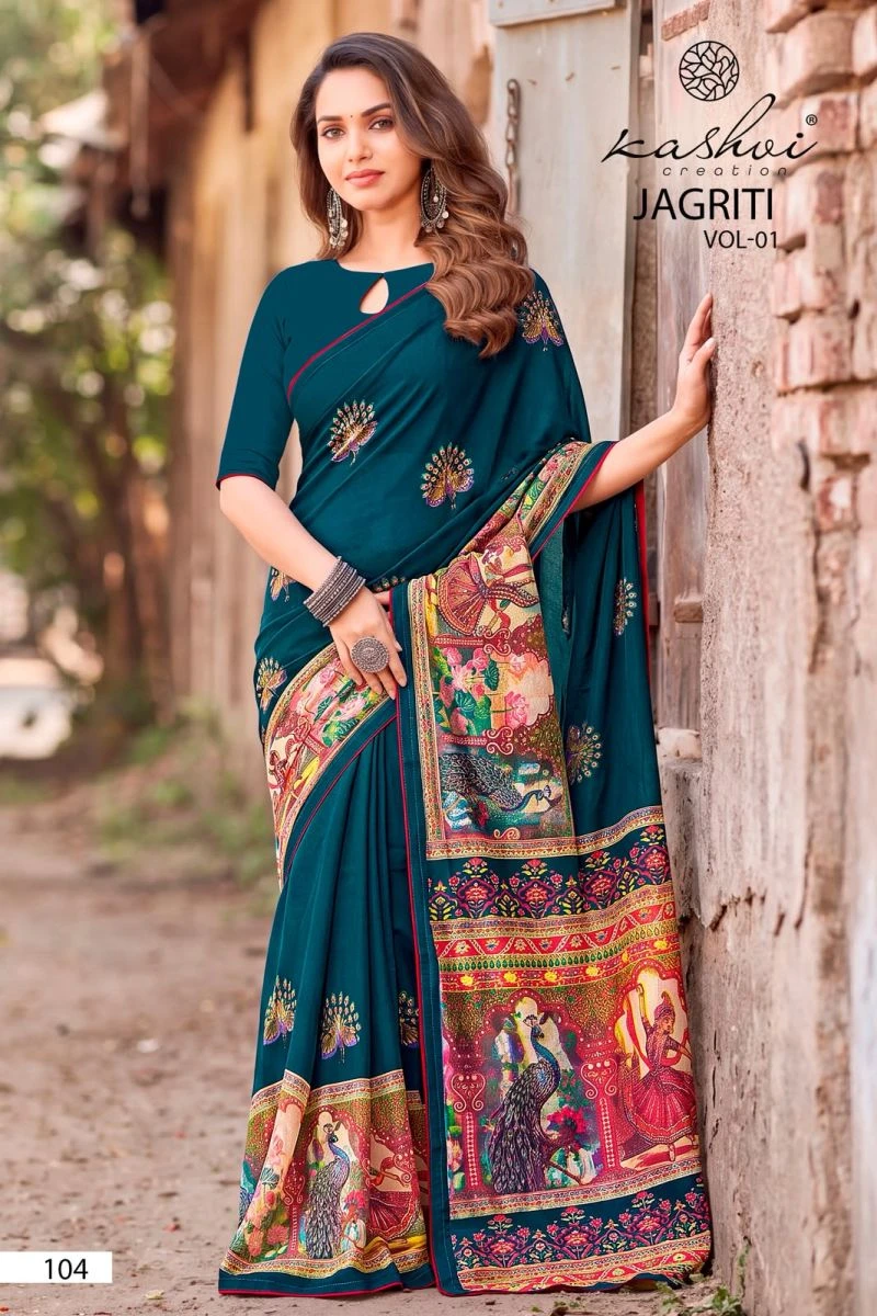 Kashvi Jagriti Vol 1 Dull Moss Foil Printed Saree Collection 8
