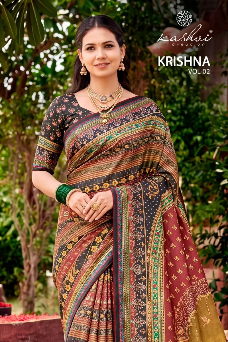 Kashvi Krishna Vol 2 Chocolate Digital Print Glass Work Saree Collection 1