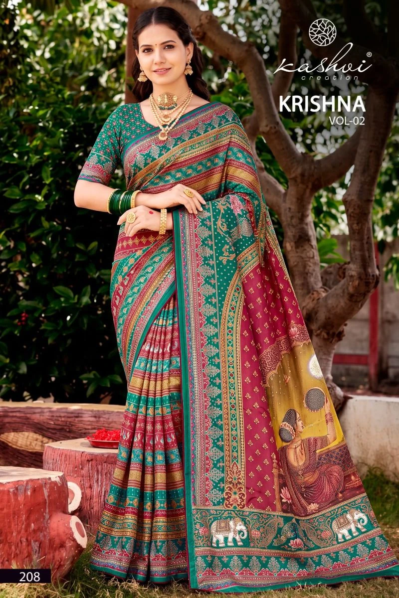 Kashvi Krishna Vol 2 Chocolate Digital Print Glass Work Saree Collection 2