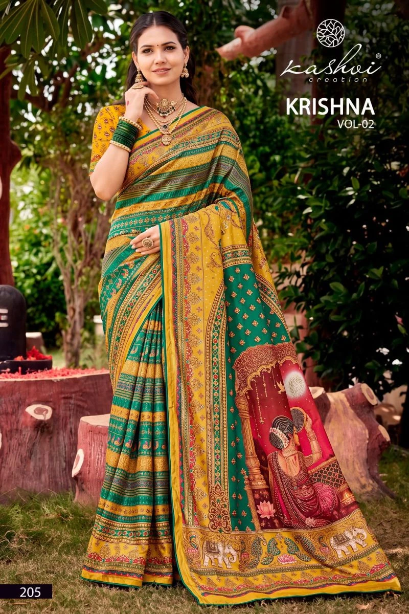 Kashvi Krishna Vol 2 Chocolate Digital Print Glass Work Saree Collection 3