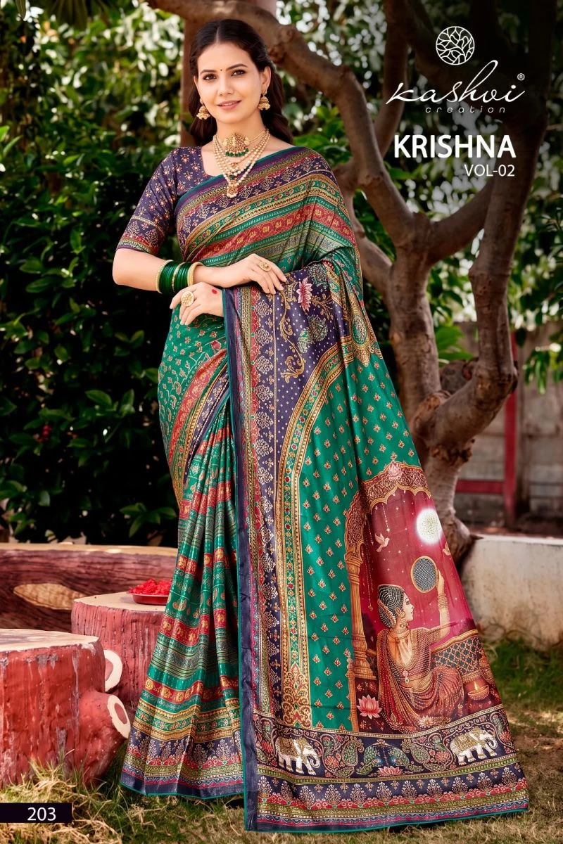 Kashvi Krishna Vol 2 Chocolate Digital Print Glass Work Saree Collection 4