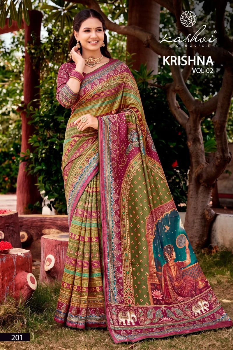 Kashvi Krishna Vol 2 Chocolate Digital Print Glass Work Saree Collection 5