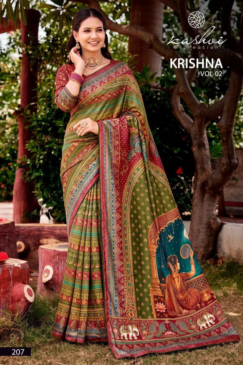 Kashvi Krishna Vol 2 Chocolate Digital Print Glass Work Saree Collection 6