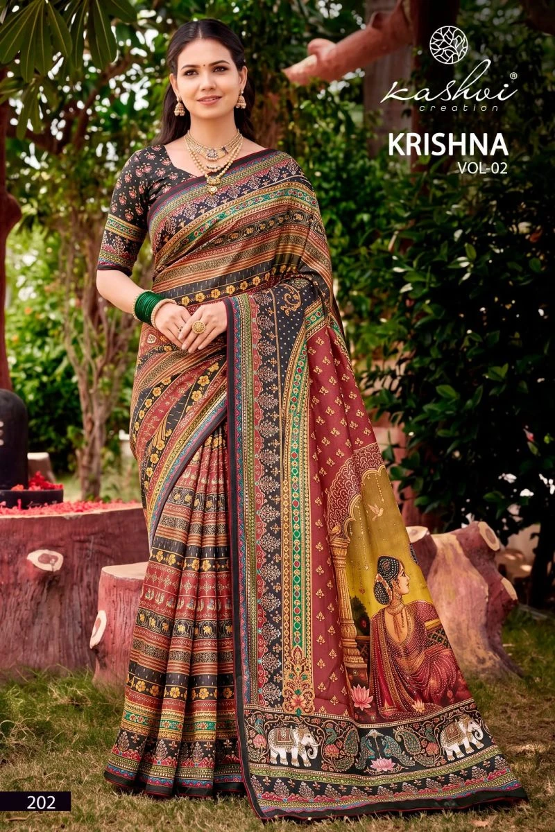 Kashvi Krishna Vol 2 Chocolate Digital Print Glass Work Saree Collection 7