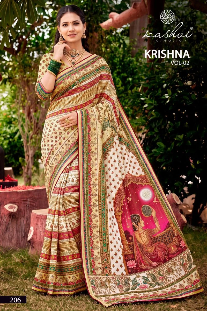 Kashvi Krishna Vol 2 Chocolate Digital Print Glass Work Saree Collection 8
