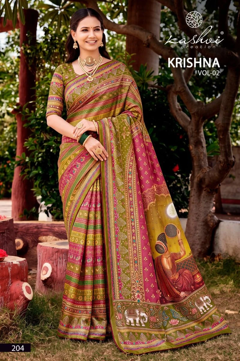 Kashvi Krishna Vol 2 Chocolate Digital Print Glass Work Saree Collection 9