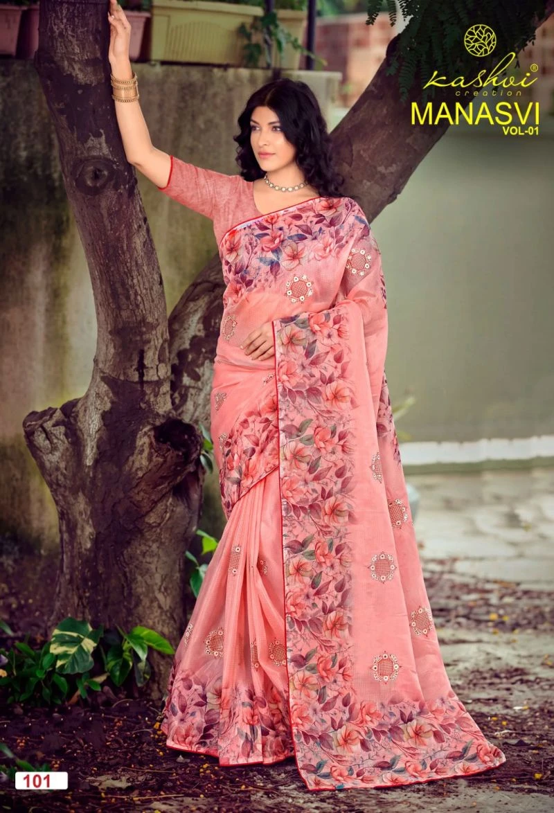 Kashvi Manasvi Vol 1 Crush Chiffon Digital Print Embroidered Saree Collection 2