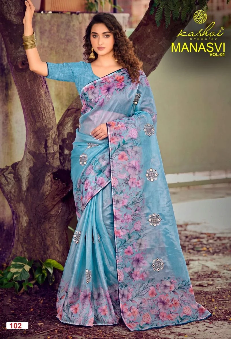 Kashvi Manasvi Vol 1 Crush Chiffon Digital Print Embroidered Saree Collection 3