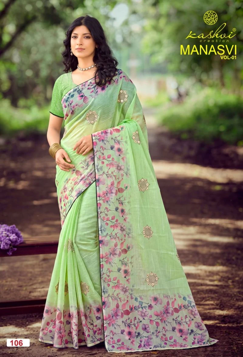 Kashvi Manasvi Vol 1 Crush Chiffon Digital Print Embroidered Saree Collection 5
