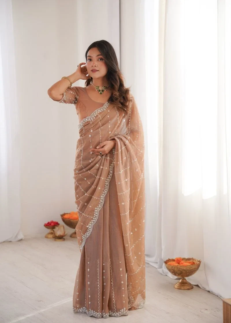 Kc 939 Twill Net Two Tone Sequence Worked Designer Saree