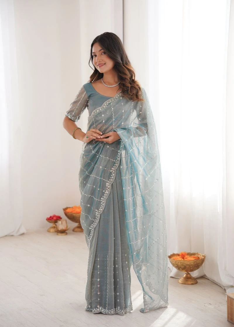 Kc 939 Twill Net Two Tone Sequence Worked Designer Saree 3