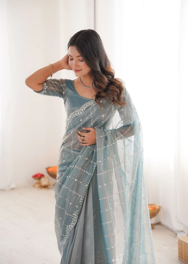 Kc 939 Twill Net Two Tone Sequence Worked Designer Saree 9