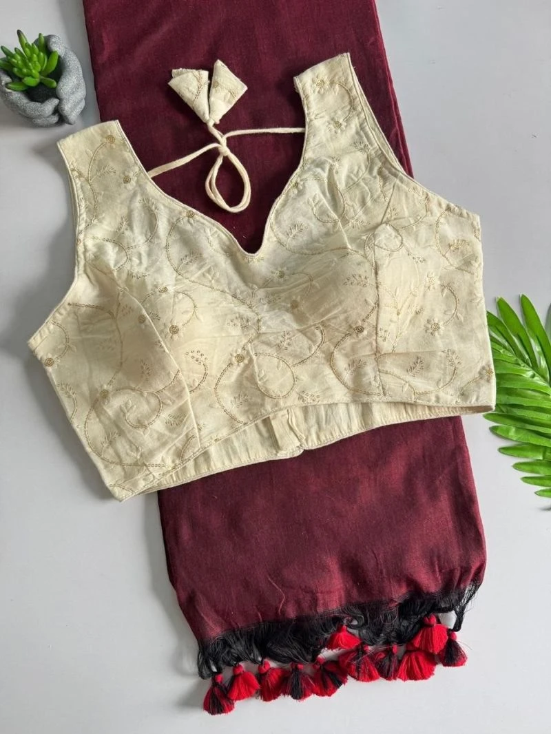 Khadi Hk 42 Vol 2 Khadi Cotton Saree With Embroidered Cotton Blouse 12
