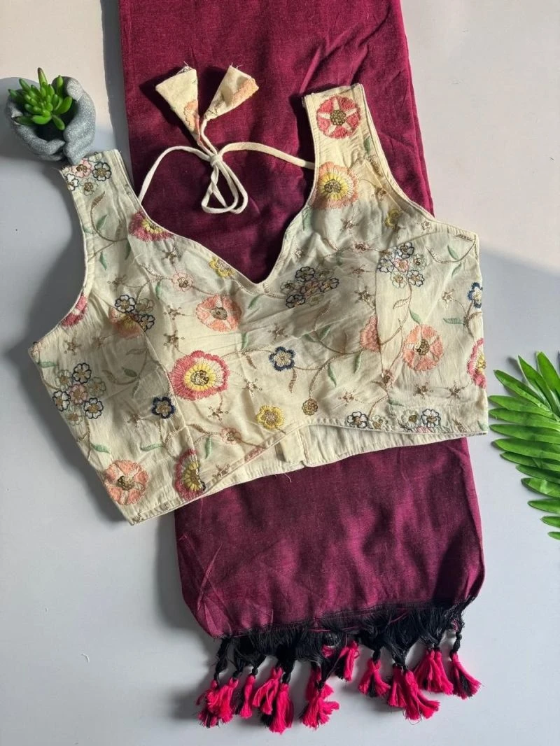 Khadi Hk 42 Vol 2 Khadi Cotton Saree With Embroidered Cotton Blouse 3
