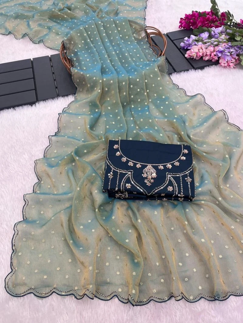 Mandakini Kf Moss Butti Two Tone Embroidered Saree Collection 5